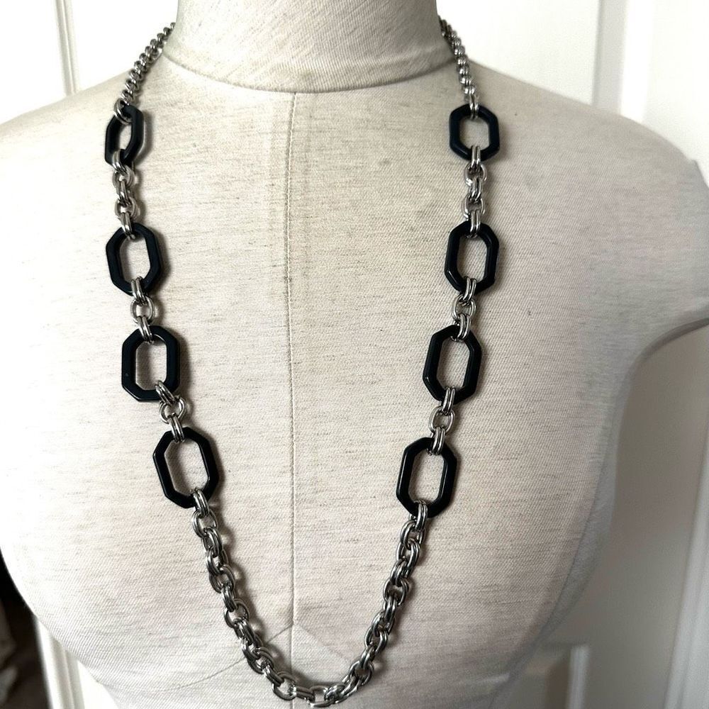 Black and silver long chain link necklace